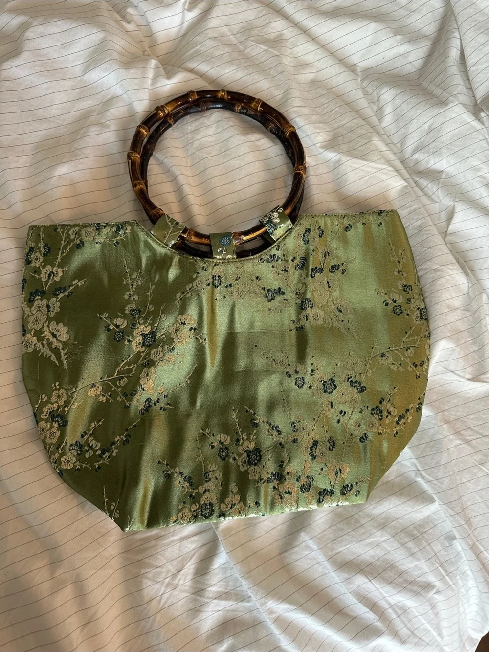 Vintage Green Brocade Floral Satin Tote Bag with Bamboo Handles